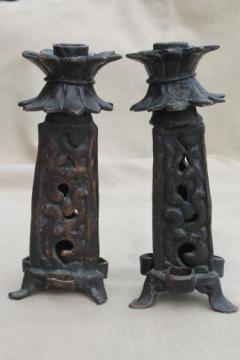 catalog photo of Chinese bronze candlesticks, pair of candle holders to hold incense / joss sticks