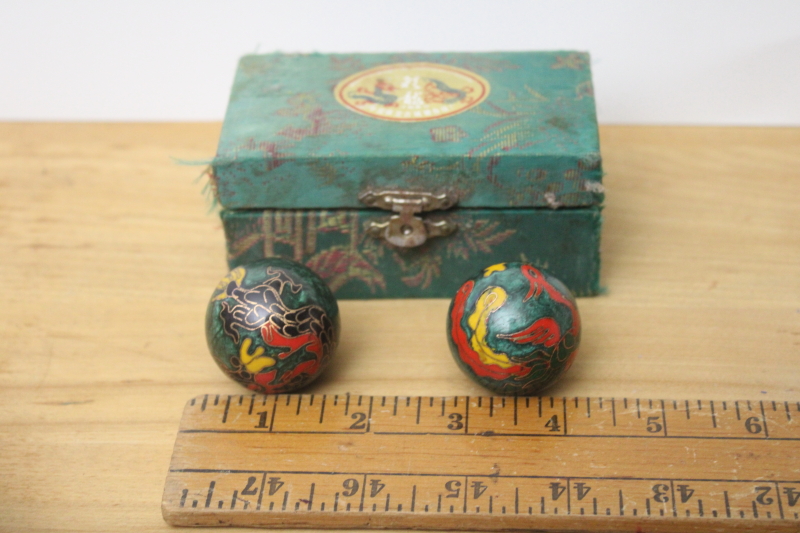 photo of Chinese cloisonne enamel chime balls, red & black dragon on jade green #1