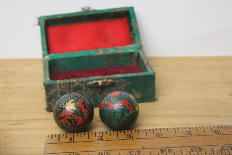 photo of Chinese cloisonne enamel chime balls, red & black dragon on jade green #2