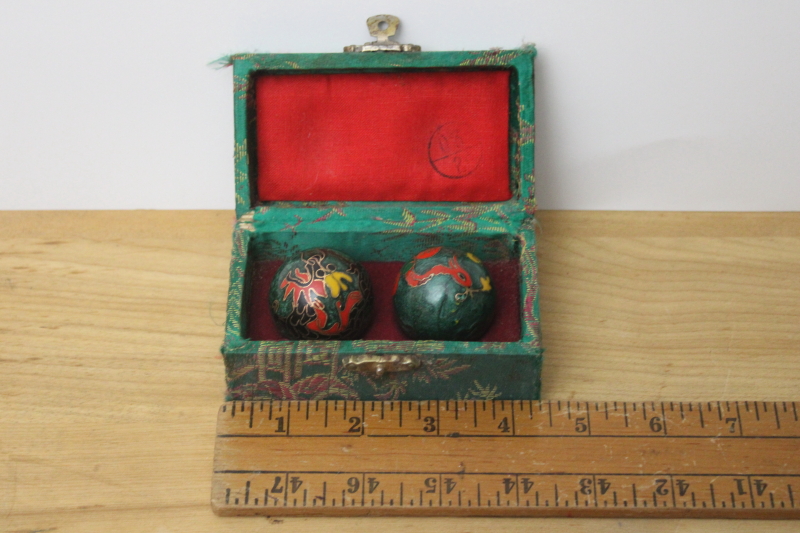 photo of Chinese cloisonne enamel chime balls, red & black dragon on jade green #3