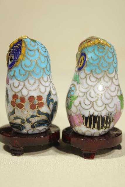 photo of Chinese cloisonne enameled brass figurines, 1980s 1990s vintage collection of owls #2