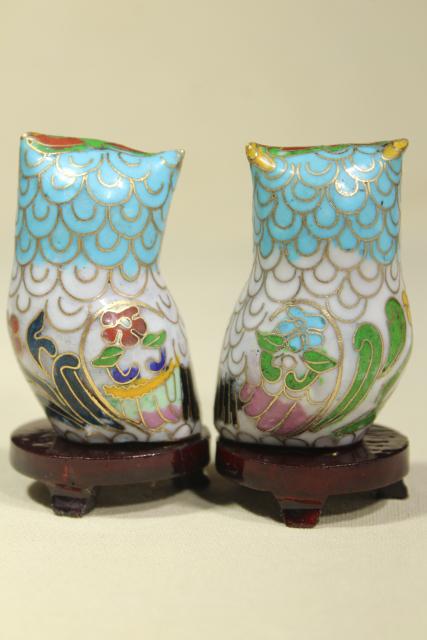 photo of Chinese cloisonne enameled brass figurines, 1980s 1990s vintage collection of owls #3