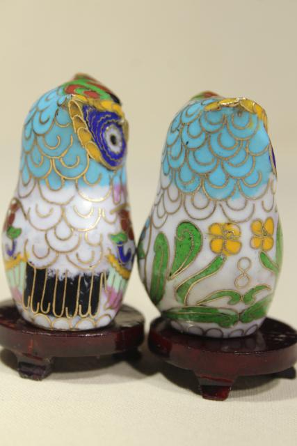 photo of Chinese cloisonne enameled brass figurines, 1980s 1990s vintage collection of owls #4