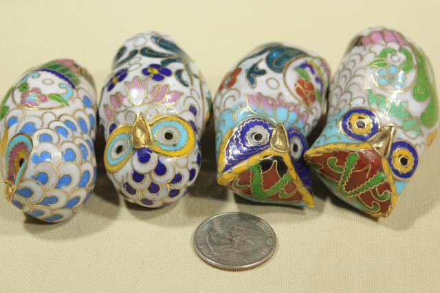 photo of Chinese cloisonne enameled brass figurines, 1980s 1990s vintage collection of owls #5