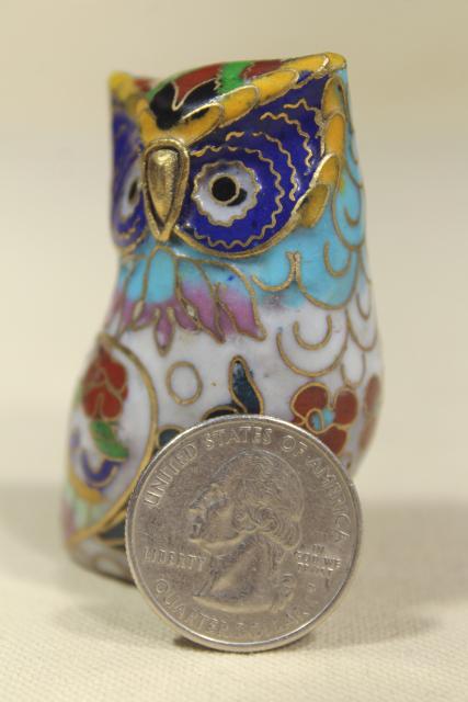 photo of Chinese cloisonne enameled brass figurines, 1980s 1990s vintage collection of owls #7