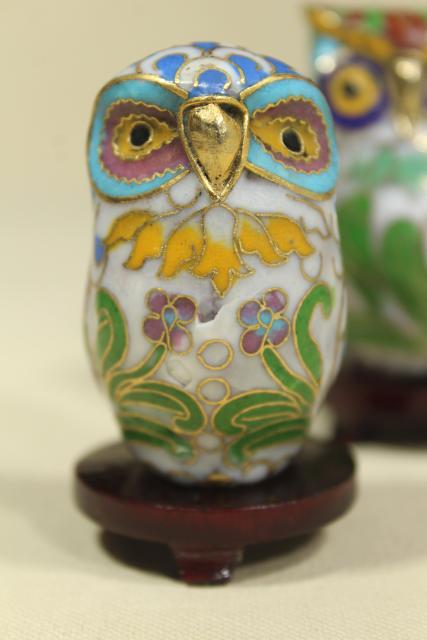 photo of Chinese cloisonne enameled brass figurines, 1980s 1990s vintage collection of owls #10