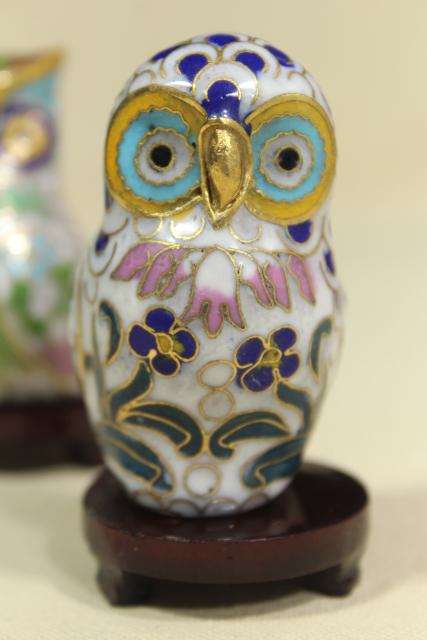 photo of Chinese cloisonne enameled brass figurines, 1980s 1990s vintage collection of owls #11