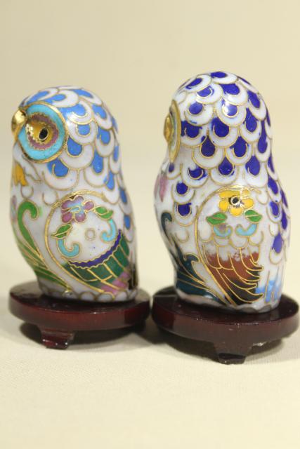 photo of Chinese cloisonne enameled brass figurines, 1980s 1990s vintage collection of owls #12