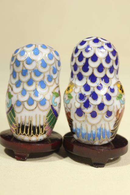 photo of Chinese cloisonne enameled brass figurines, 1980s 1990s vintage collection of owls #13