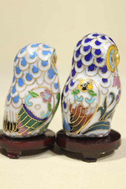 photo of Chinese cloisonne enameled brass figurines, 1980s 1990s vintage collection of owls #14