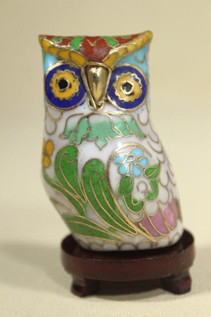 photo of Chinese cloisonne enameled brass figurines, 1980s 1990s vintage collection of owls #15