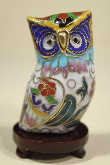 photo of Chinese cloisonne enameled brass figurines, 1980s 1990s vintage collection of owls #16