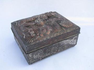 catalog photo of Chinese dragons vintage embossed metal cigarette box humidor
