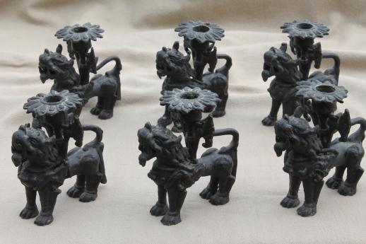 photo of Chinese fu dog candle holders, old bronze foo dogs w/ black cast iron finish #1