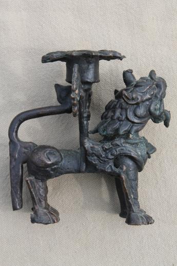 photo of Chinese fu dog candle holders, old bronze foo dogs w/ black cast iron finish #3