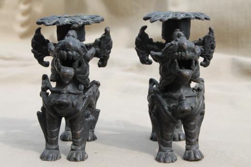 photo of Chinese fu dog candle holders, old bronze foo dogs w/ black cast iron finish #5