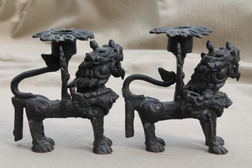 photo of Chinese fu dog candle holders, old bronze foo dogs w/ black cast iron finish #6