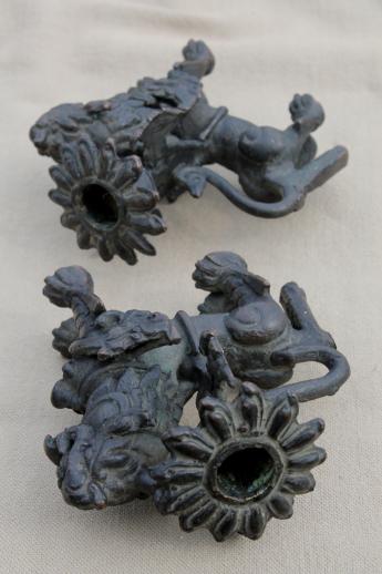 photo of Chinese fu dog candle holders, old bronze foo dogs w/ black cast iron finish #8