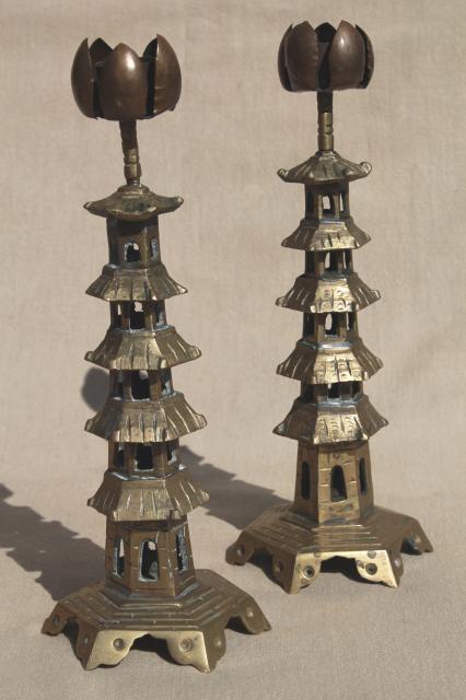 photo of Chinese pagoda pair of solid brass candlesticks, vintage China candle holders  #1