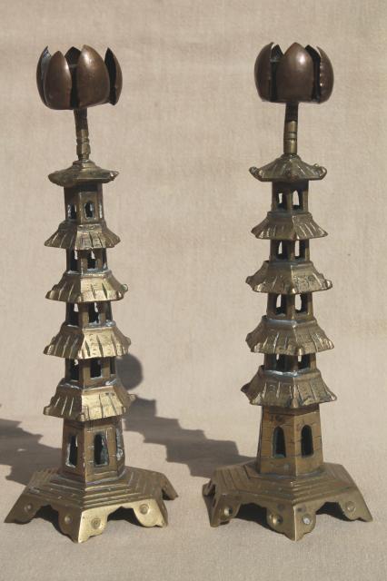 photo of Chinese pagoda pair of solid brass candlesticks, vintage China candle holders  #2