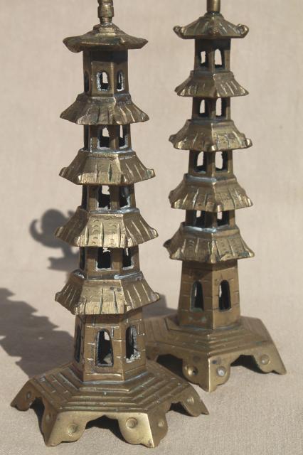 photo of Chinese pagoda pair of solid brass candlesticks, vintage China candle holders  #3