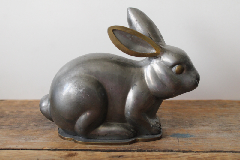 photo of Chinese rabbit covered box figurine, pewter metal w/ brass details, vintage Neiman Marcus decor  #1
