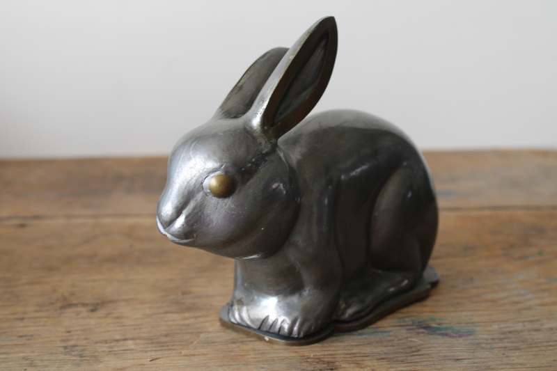 photo of Chinese rabbit covered box figurine, pewter metal w/ brass details, vintage Neiman Marcus decor  #2