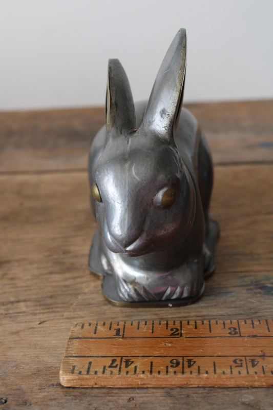 photo of Chinese rabbit covered box figurine, pewter metal w/ brass details, vintage Neiman Marcus decor  #3