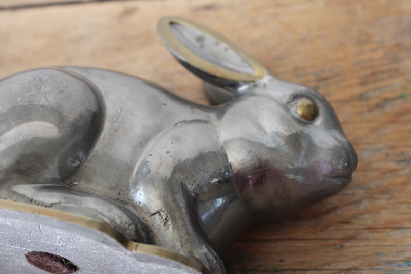 photo of Chinese rabbit covered box figurine, pewter metal w/ brass details, vintage Neiman Marcus decor  #8