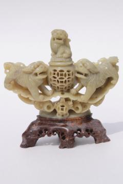 catalog photo of Chinese snuff bottle, vintage carved stone soapstone fu dogs, foo dog carving