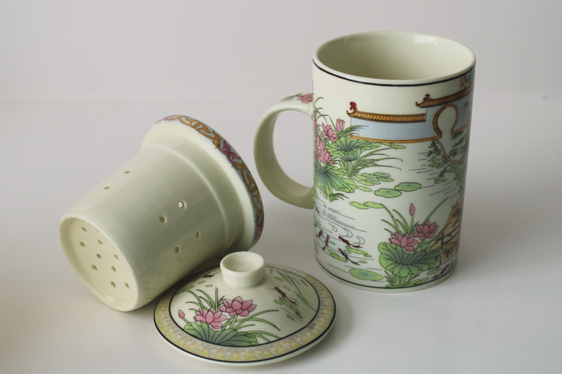 photo of Chinese tea mug w/ lid and porcelain tea strainer infuser, Bao Yu ladies in garden  #2