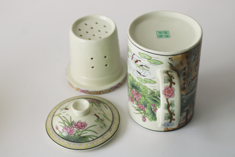 photo of Chinese tea mug w/ lid and porcelain tea strainer infuser, Bao Yu ladies in garden  #4
