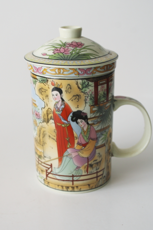 photo of Chinese tea mug w/ lid and porcelain tea strainer infuser, Bao Yu ladies in garden  #5