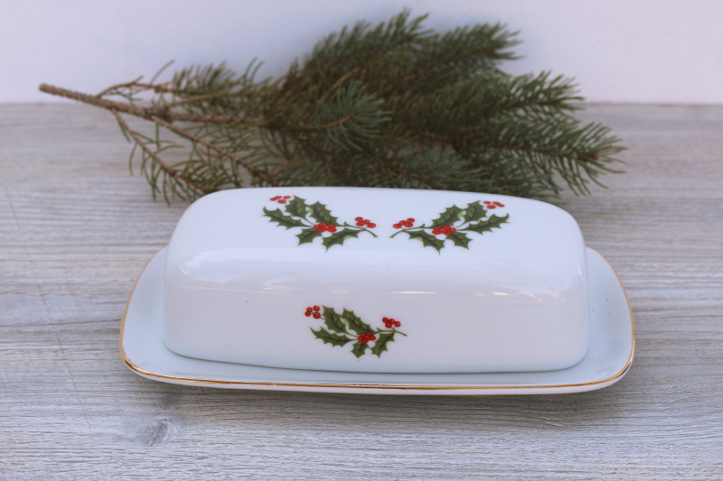 photo of Christmas Holly fine china Japan white porcelain covered butter dish w/ green & red #1