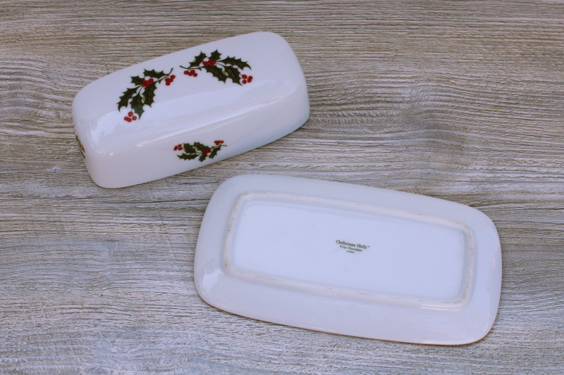 photo of Christmas Holly fine china Japan white porcelain covered butter dish w/ green & red #3