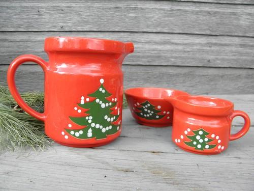 photo of Christmas Tree milk pitcher, creamer and sugar cube bowl, Waechtersbach pottery #1