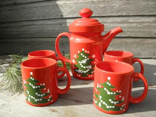 photo of Christmas Tree pattern coffee pot and mugs, Waechtersbach pottery set #1