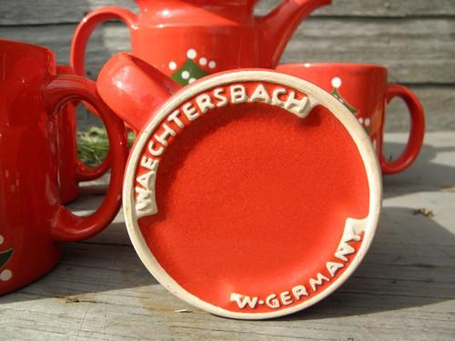 photo of Christmas Tree pattern coffee pot and mugs, Waechtersbach pottery set #2