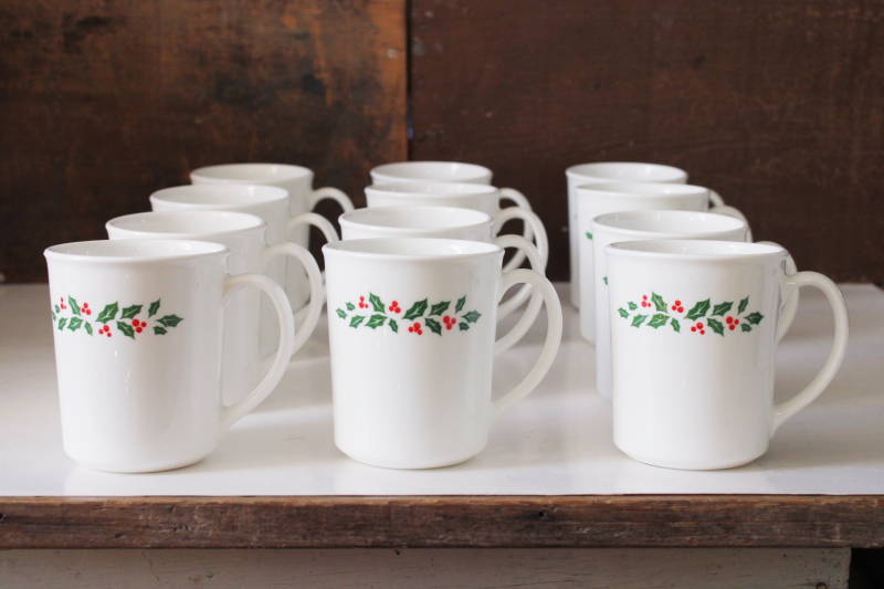 photo of Christmas Winter Holly Corelle mugs 1980s vintage set of 12 milk glass mugs never used  #1