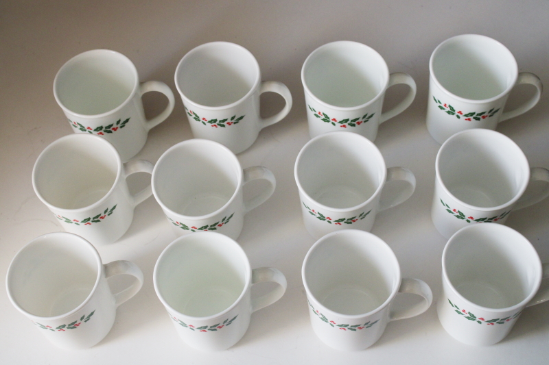 photo of Christmas Winter Holly Corelle mugs 1980s vintage set of 12 milk glass mugs never used  #2