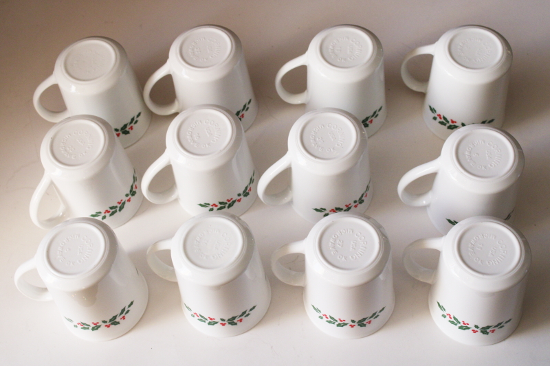 photo of Christmas Winter Holly Corelle mugs 1980s vintage set of 12 milk glass mugs never used  #3