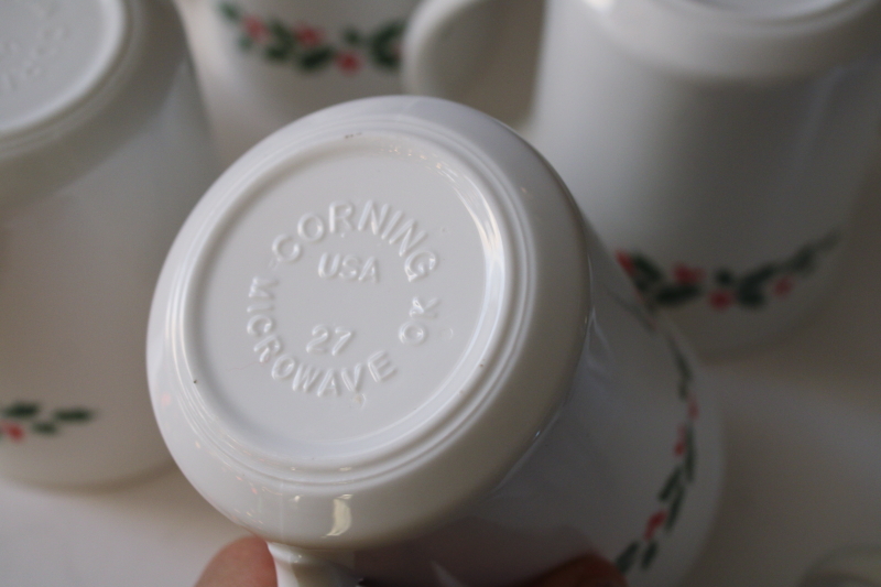 photo of Christmas Winter Holly Corelle mugs 1980s vintage set of 12 milk glass mugs never used  #4