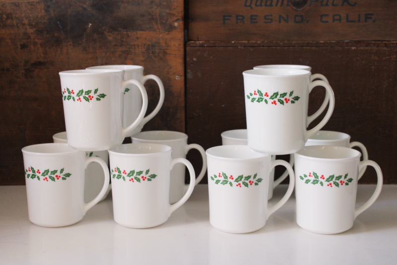 photo of Christmas Winter Holly Corelle mugs 1980s vintage set of 12 milk glass mugs never used  #6