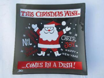 catalog photo of Christmas Wish, vintage Houze glass dish w/ holiday Santa print & greetings