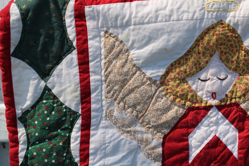 photo of Christmas angels hand quilted cotton quilt, holiday wall hanging or throw 1990s vintage #5