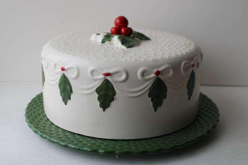 photo of Christmas cake cover and plate w/ green & red holly, vintage ceramic made in Portugal #1