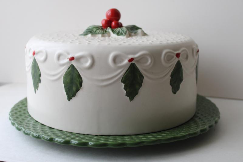 photo of Christmas cake cover and plate w/ green & red holly, vintage ceramic made in Portugal #3