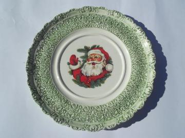 catalog photo of Christmas cake plate w/ Santa waving, vintage handmade ceramic platter