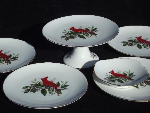 photo of Christmas cardinal, red bird Schumann Bavaria cake plates stand set #1