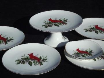 catalog photo of Christmas cardinal, red bird Schumann Bavaria cake plates stand set